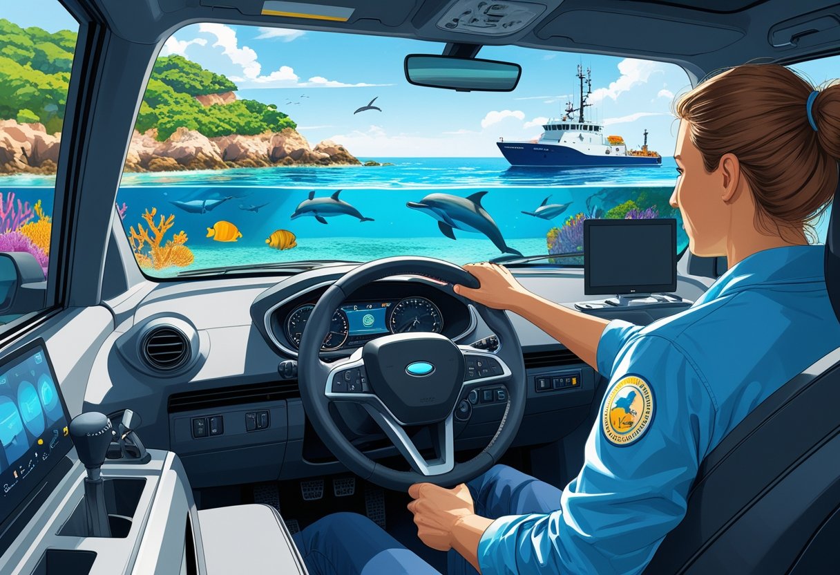 A marine biologist in a driving simulator near the coast with marine life and a research vessel visible outside.