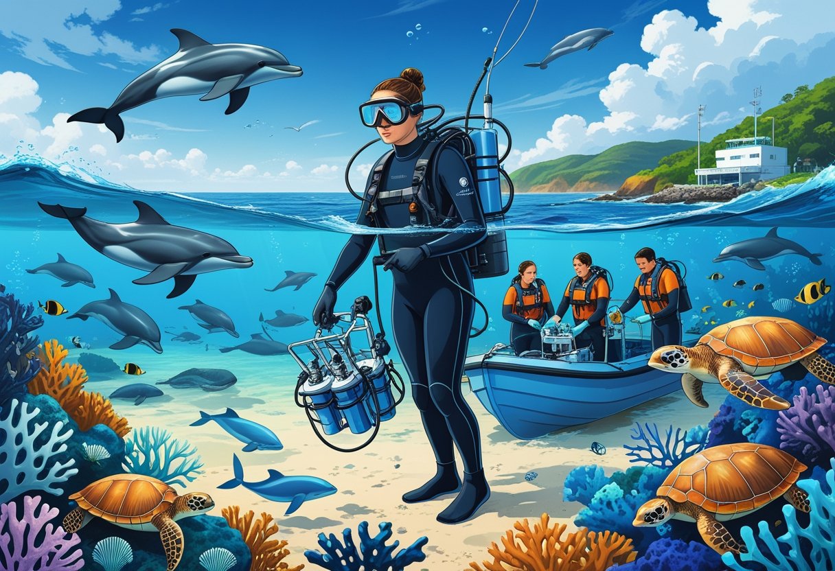 Marine biologists working together near a boat and coastal research station, surrounded by marine animals and underwater equipment.