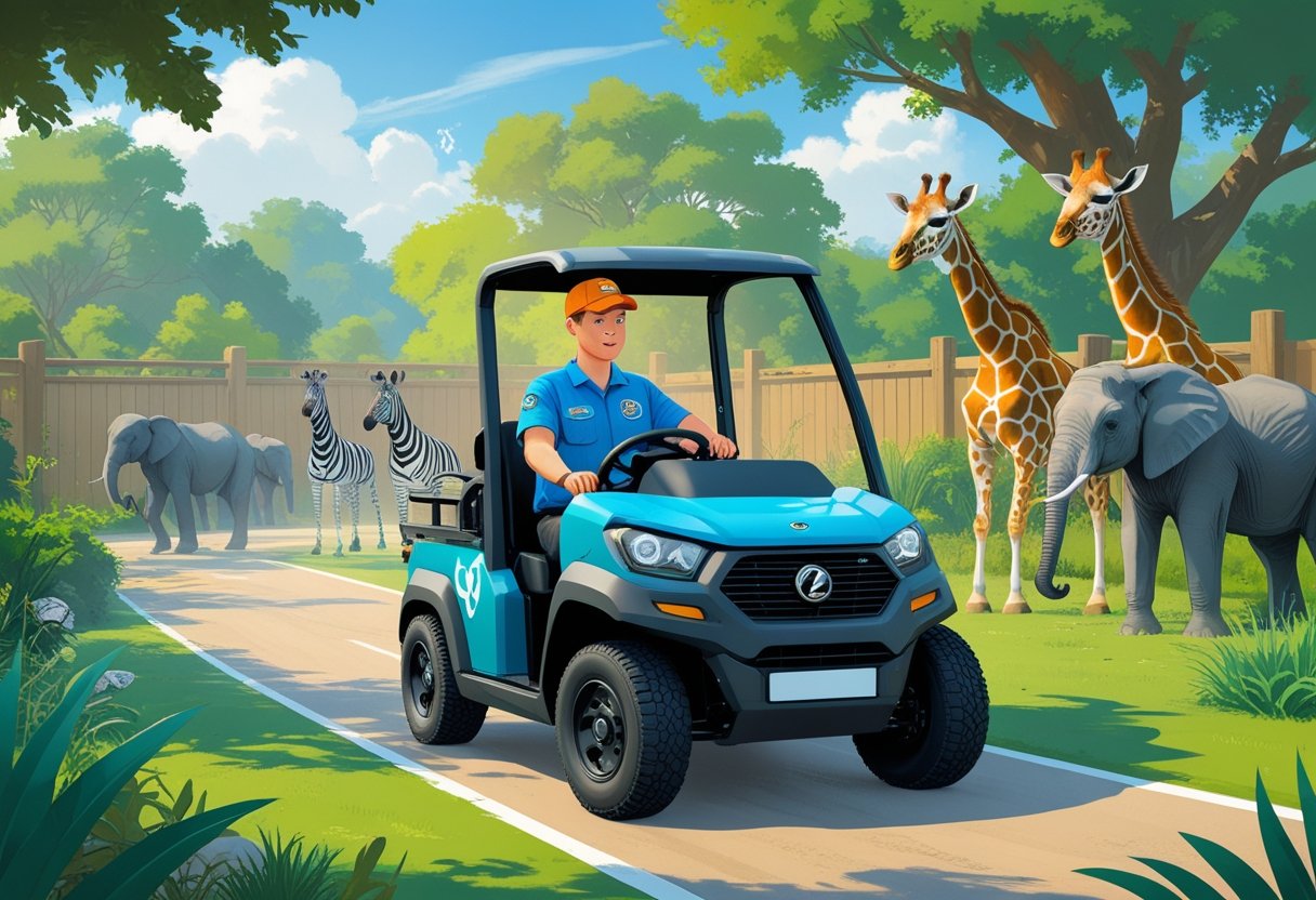 A zookeeper driving a small vehicle on a marked course inside a zoo, surrounded by animals and greenery.