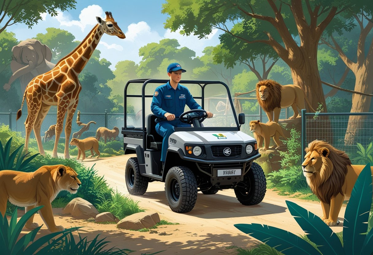 A zookeeper driving a small utility vehicle through a zoo with animals like a giraffe, lion, and monkeys nearby, navigating narrow paths and enclosures.