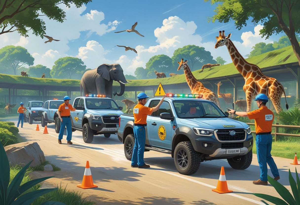 Zookeepers in uniforms practicing driving specialised vehicles on a training track near zoo animal enclosures with an instructor guiding them.