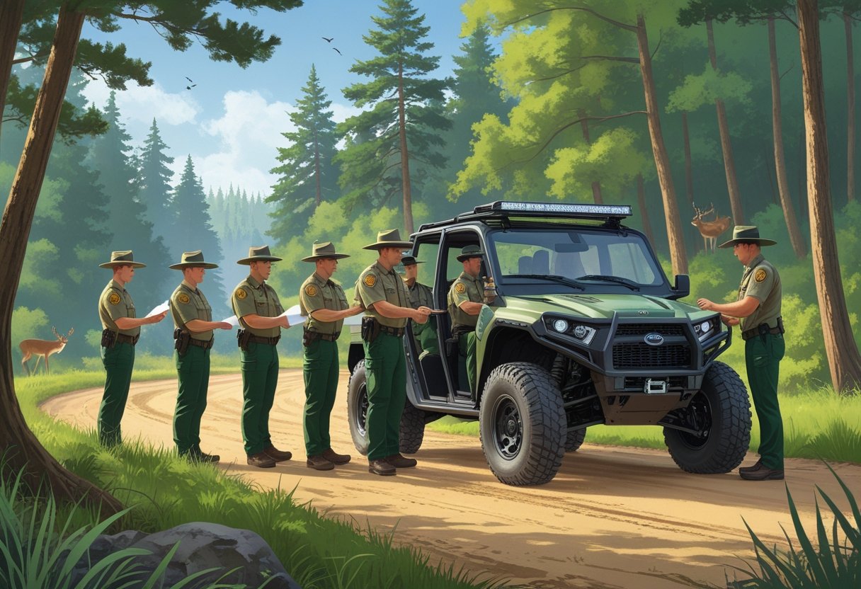 Park rangers in uniform receiving driving instruction outdoors near a forest with an all-terrain vehicle.