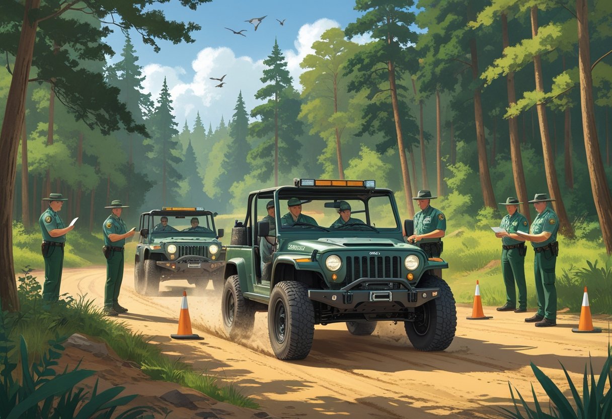 Park rangers in uniform participating in a driving training session in a forested park area with an off-road vehicle and wildlife nearby.