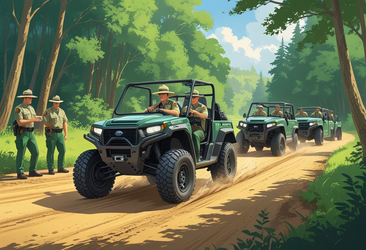 Park rangers participating in an intensive driving course on a forest dirt road with an instructor guiding a ranger driving an all-terrain vehicle.