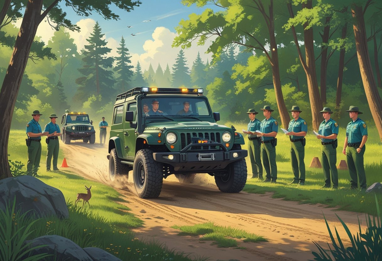 Park rangers attending a driving training session in a forested area with an instructor demonstrating off-road driving techniques.