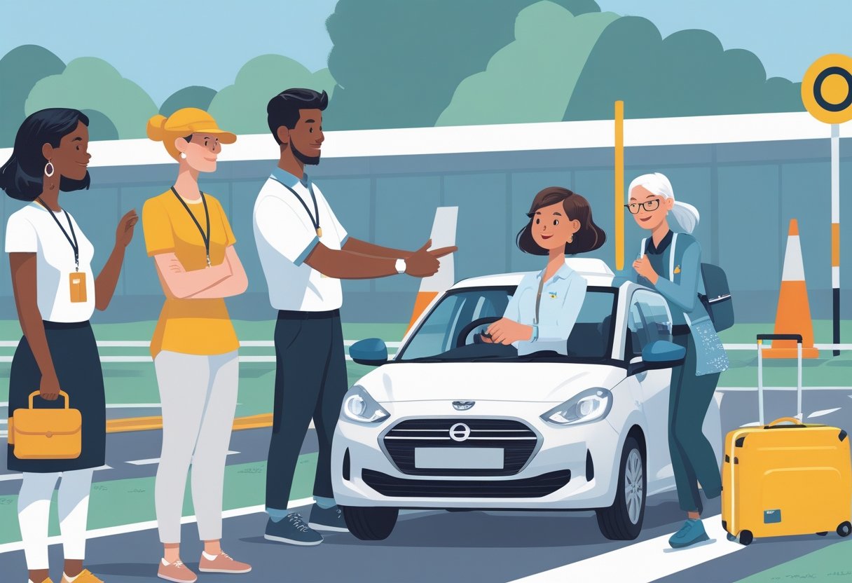 A group of travel agents learning to drive in a driving school with an instructor guiding one agent behind the wheel while others watch and take notes.