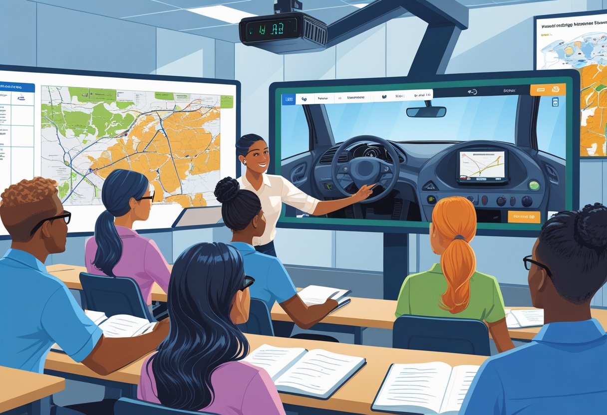 A group of travel agents attending a driving course in a classroom with an instructor demonstrating driving techniques and a driving simulator in the background.