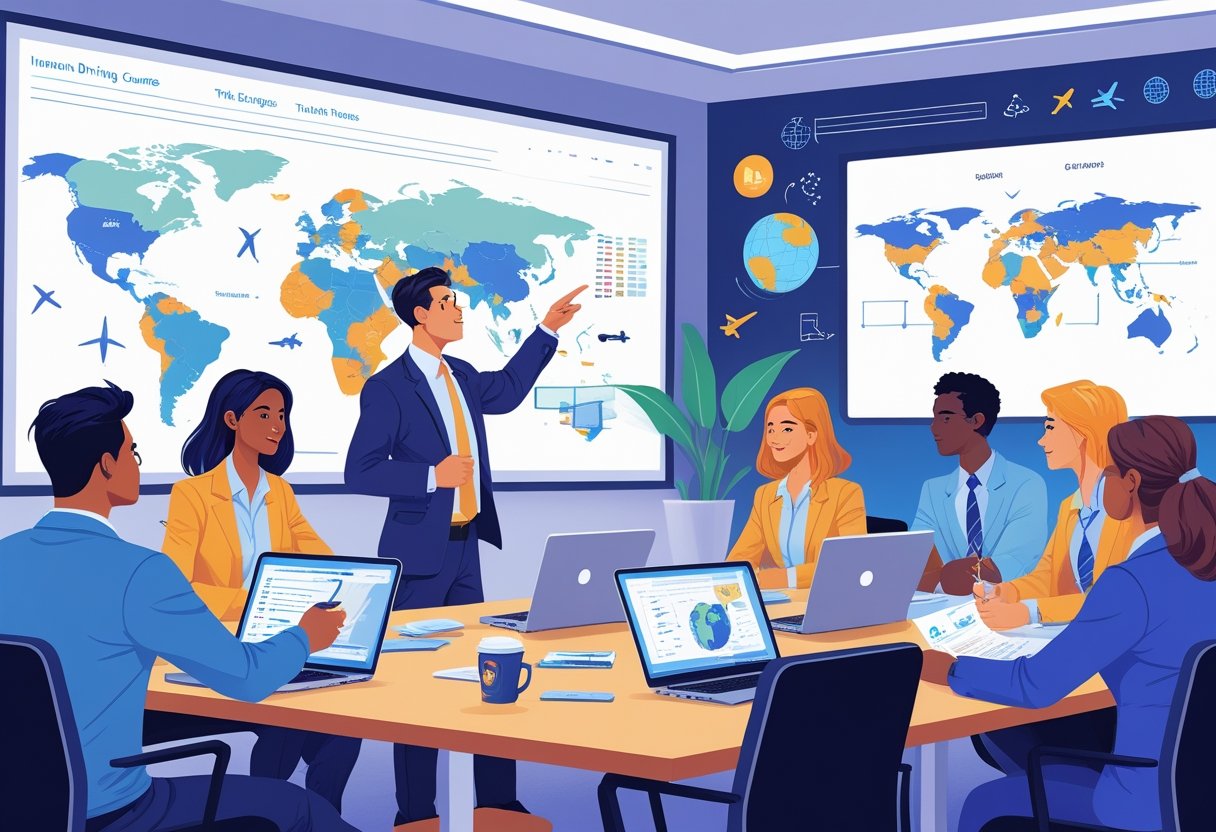 A group of travel agents attending a training session with an instructor explaining travel strategies using a digital screen in a conference room.