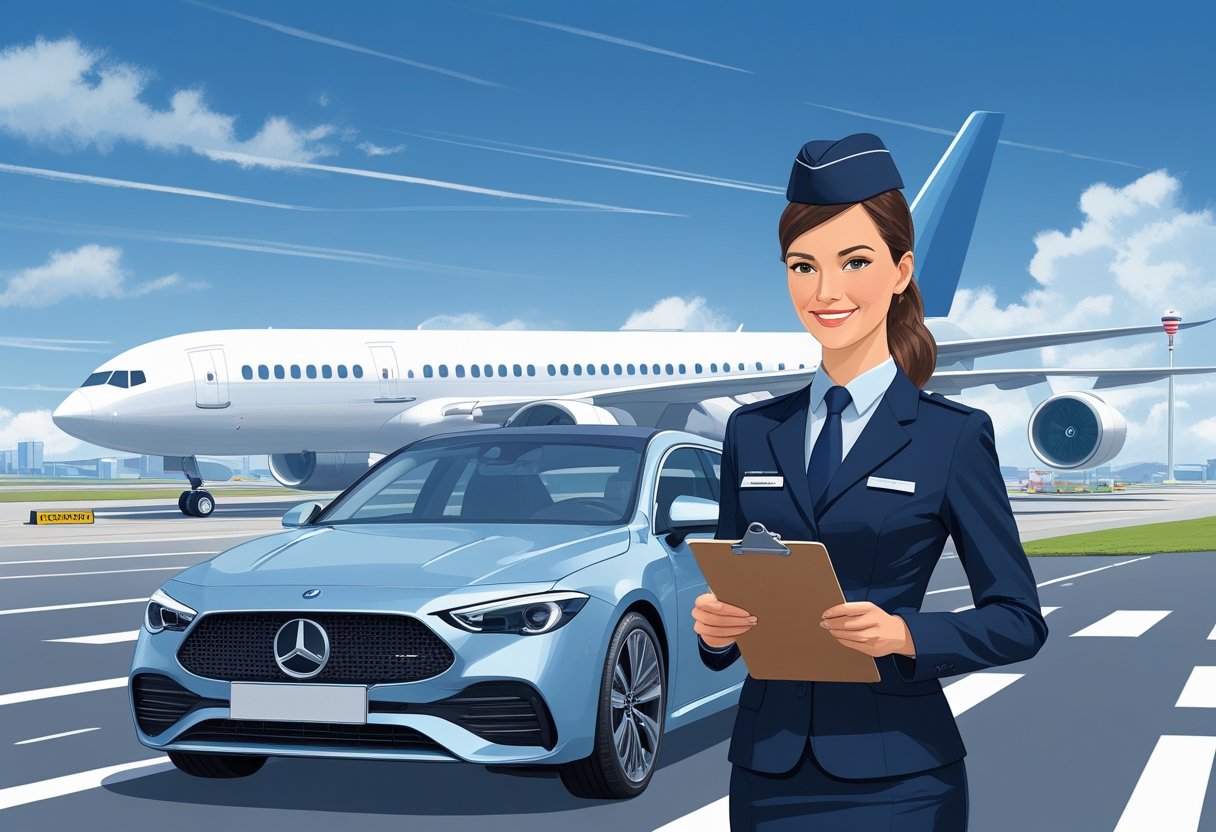 A female flight attendant in uniform standing next to a car near an airport runway with an airplane and control towers in the background.