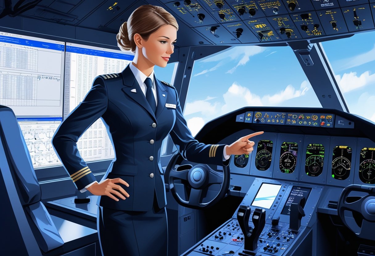 A female flight attendant in uniform using a flight simulator cockpit in a training facility.
