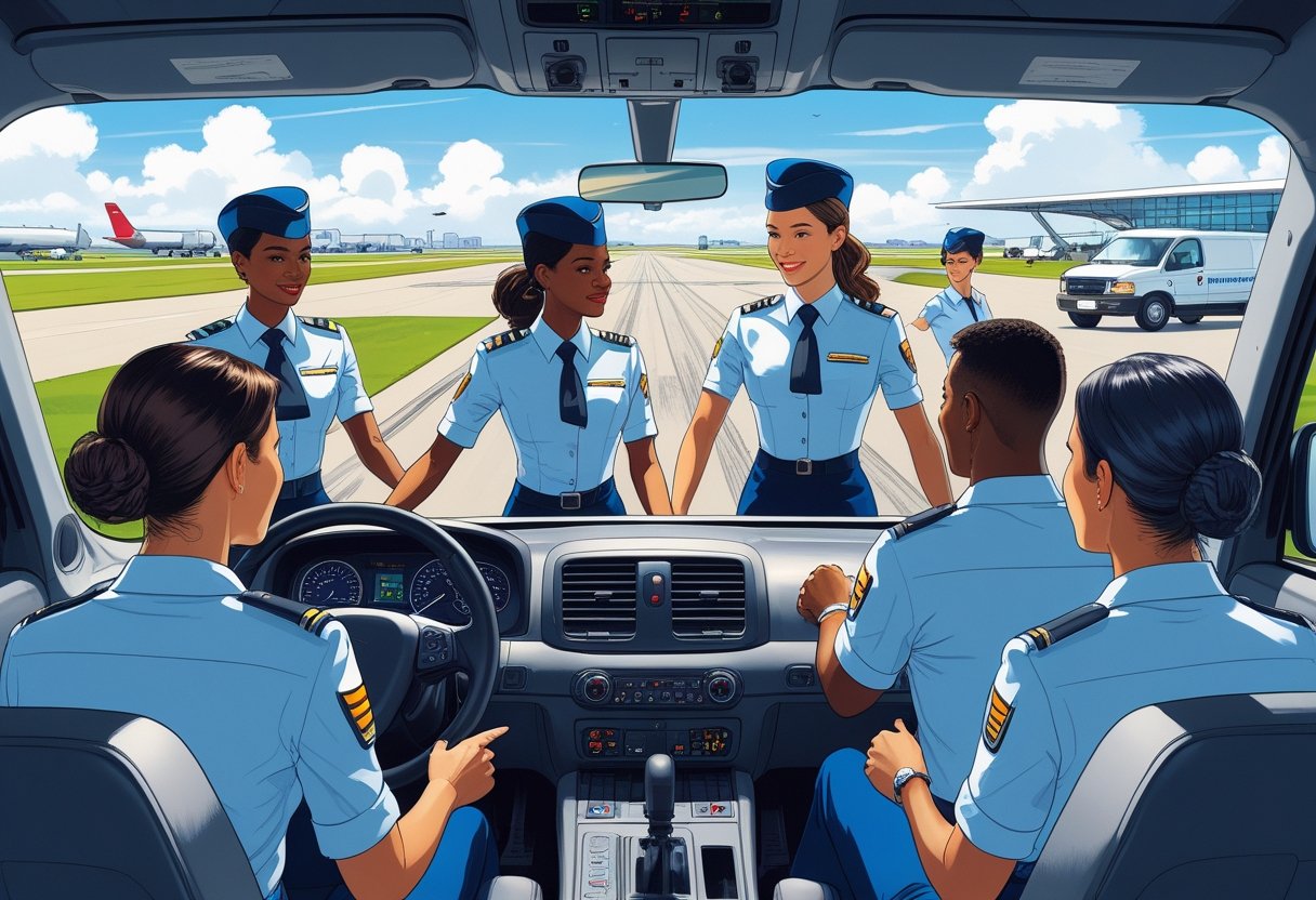 A group of flight attendants in uniform participating in a training session outdoors with an instructor and a vehicle near an airport runway.