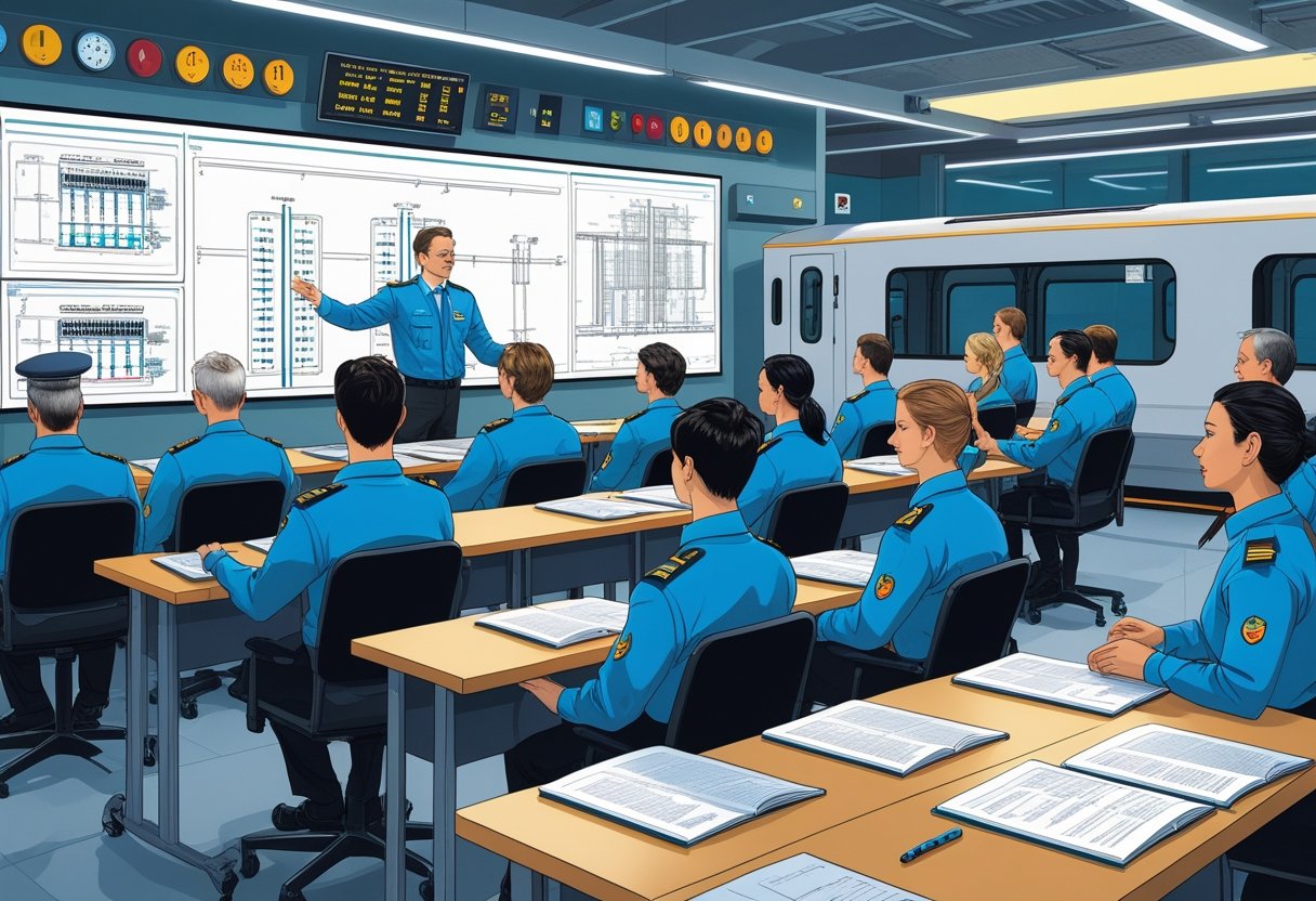 A group of train conductors in uniform attending a training session with an instructor and a train simulator in a classroom.