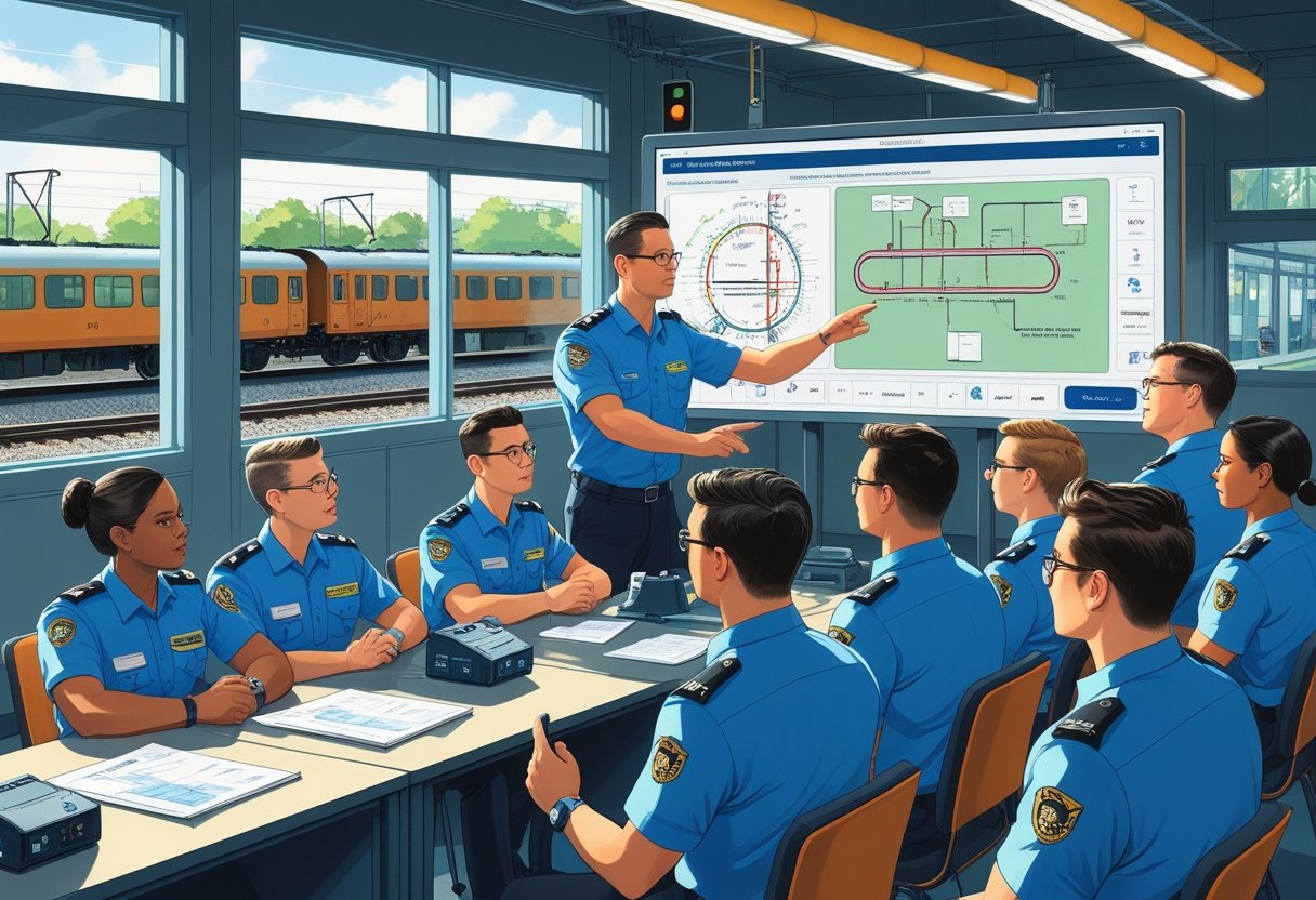 A group of train conductors in uniform attending a classroom training session with an instructor and railway equipment visible.