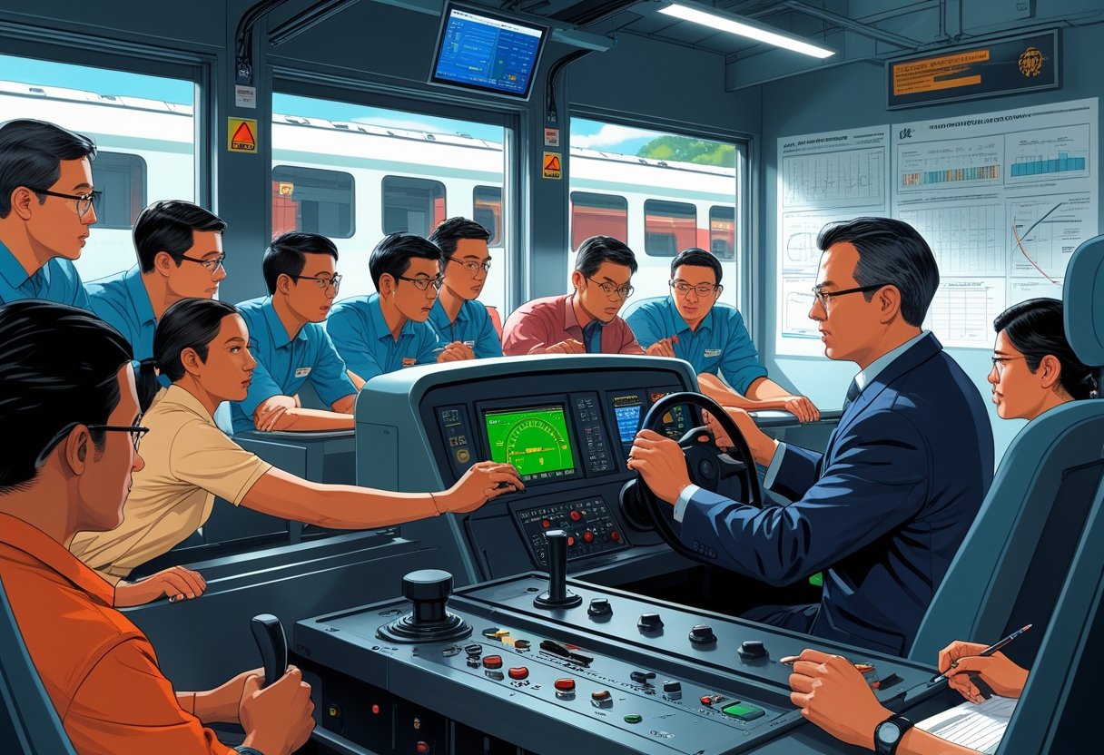 A group of trainee train conductors and an instructor using a train simulator in a bright training room.