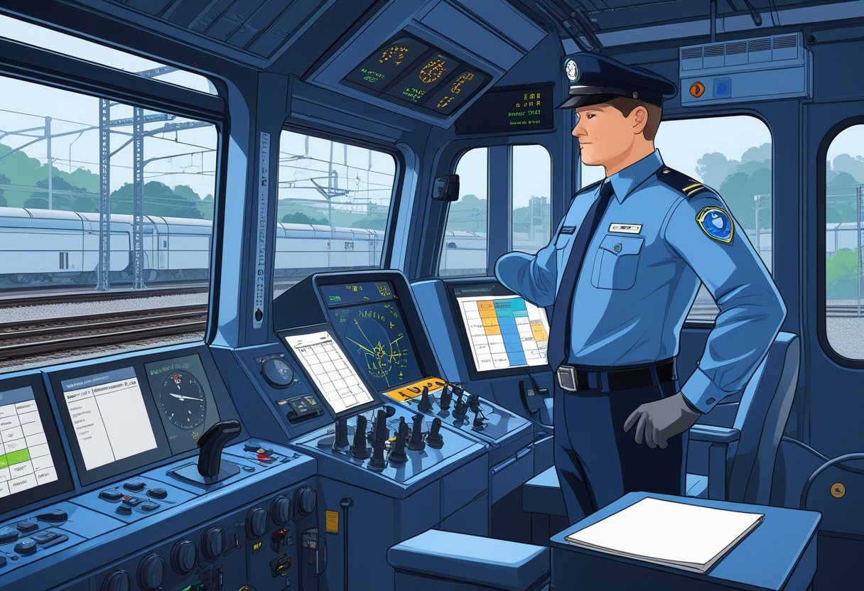 A train conductor in uniform standing by train controls while an instructor guides them using a tablet, with railway tracks and symbols of training and safety around them.