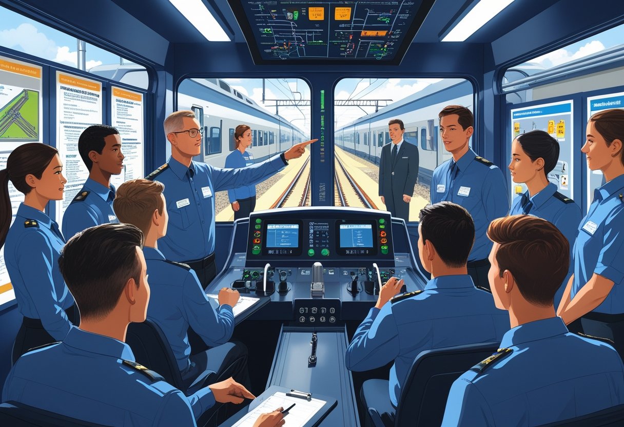 A group of train conductor trainees attentively learning from an instructor using a realistic train simulator inside a training facility.