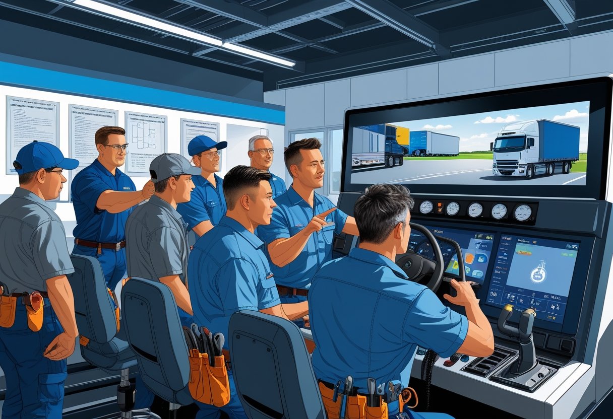 A group of truck mechanics in work uniforms practicing driving skills on a truck simulator inside a training facility while an instructor guides them.