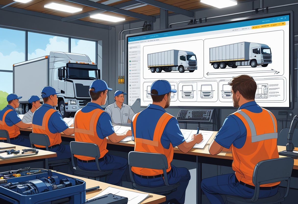 A group of truck mechanics attending a driving course with an instructor demonstrating on a digital screen and a truck simulator nearby.