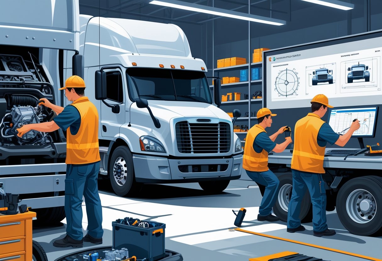 A workshop where truck mechanics work on large trucks and receive training on driving techniques from an instructor.