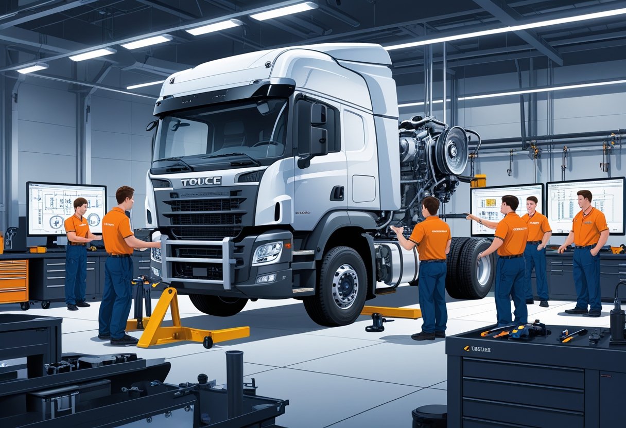 A group of trainees learning truck mechanics in a workshop with an instructor demonstrating parts on a truck chassis.