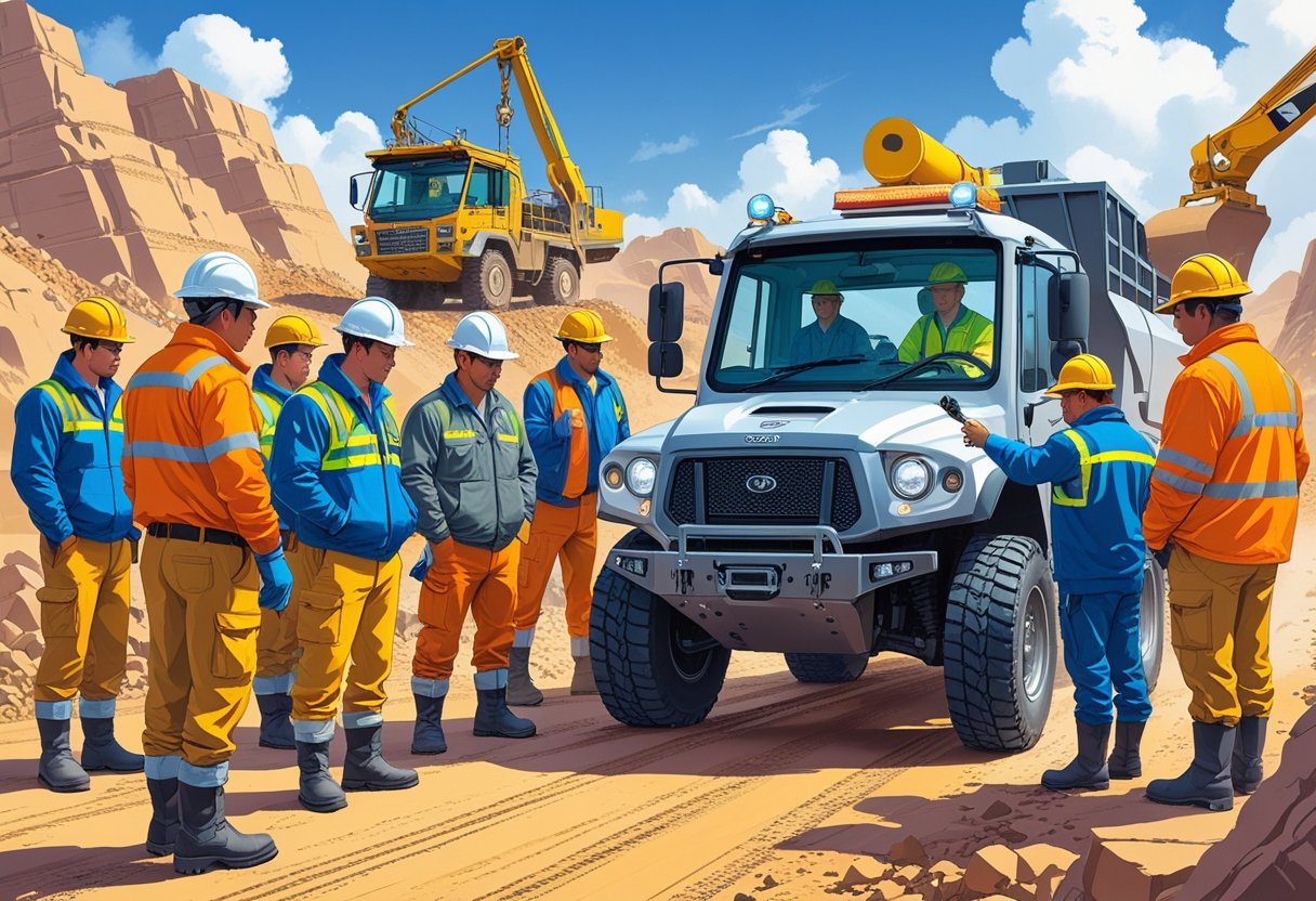 Miners attending a driving course outdoors at a mining site with an instructor demonstrating vehicle controls.