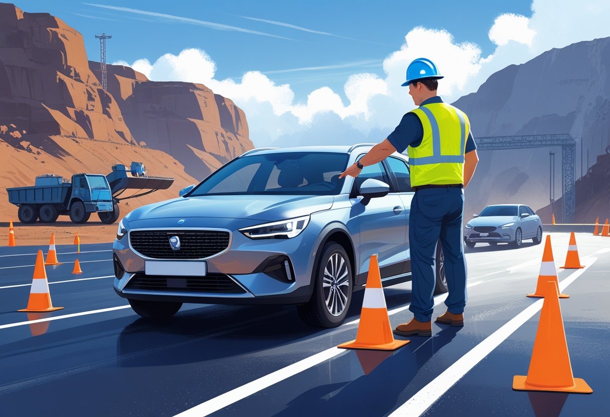 A driving instructor guides a miner wearing a safety vest and hard hat as he drives a car on a training ground with cones and road markings.