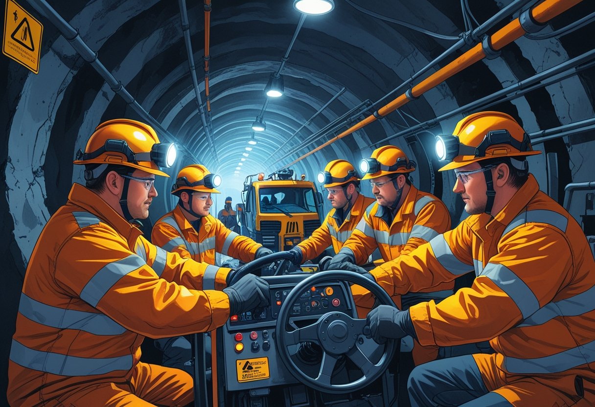 Miners in protective gear receiving training on operating mining vehicles in an underground mine.
