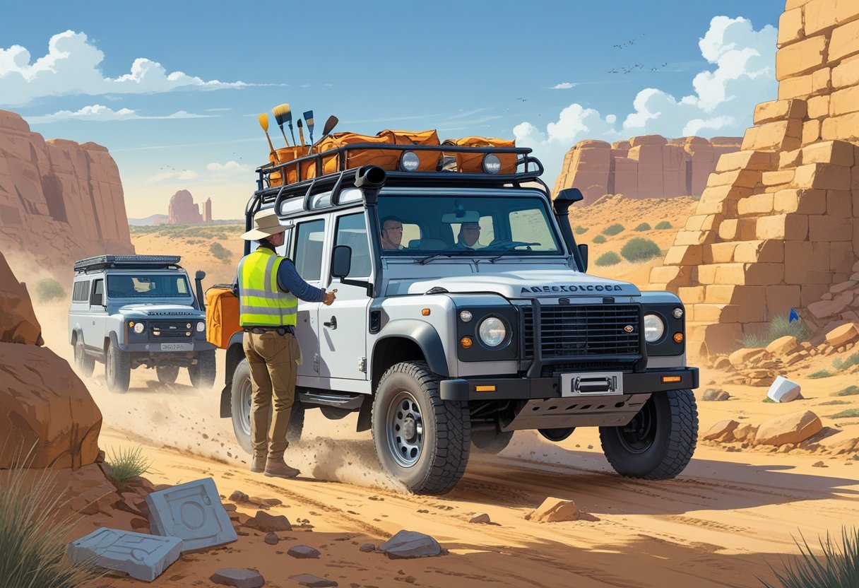 An archaeologist driving an off-road vehicle near an excavation site with ancient ruins and an instructor guiding them.