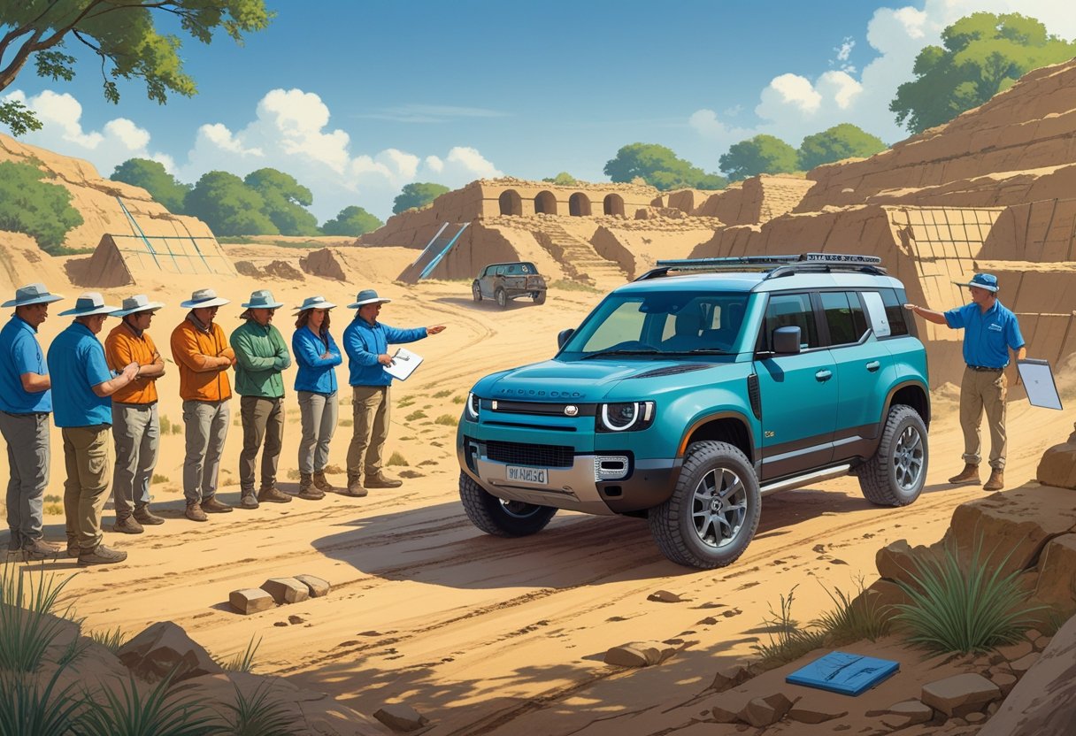 Archaeologists attending a driving lesson at an archaeological dig site with an off-road vehicle and excavation tools nearby.