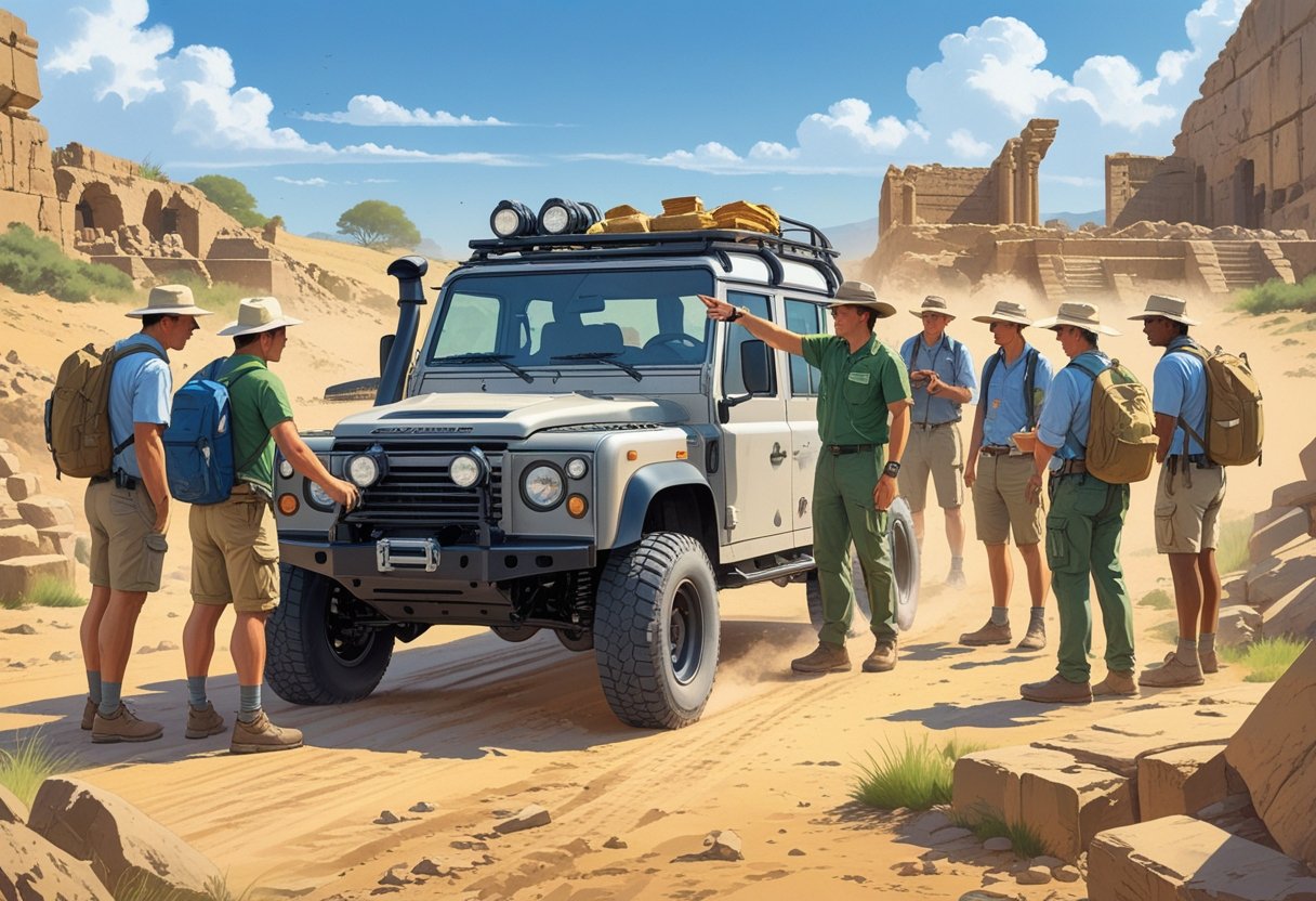 A group of archaeologists learning driving skills beside an off-road vehicle near ancient ruins in a sunny outdoor setting.
