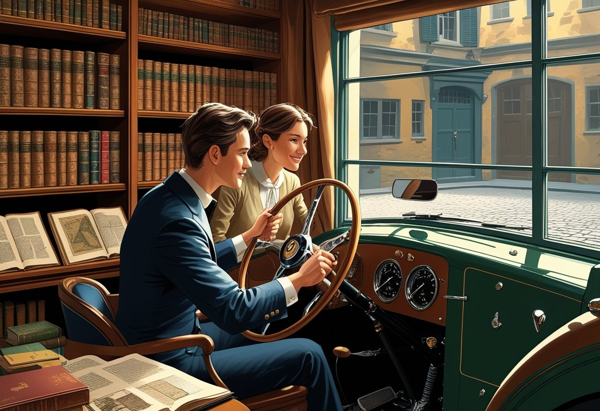 A historian in period clothing learning to drive a classic car inside a study room filled with historical books and maps.