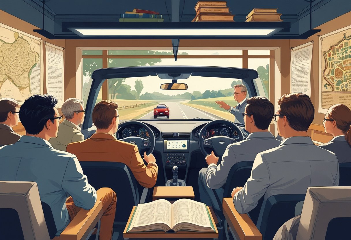 A group of historians learning driving skills in a classroom with historical maps and driving equipment.