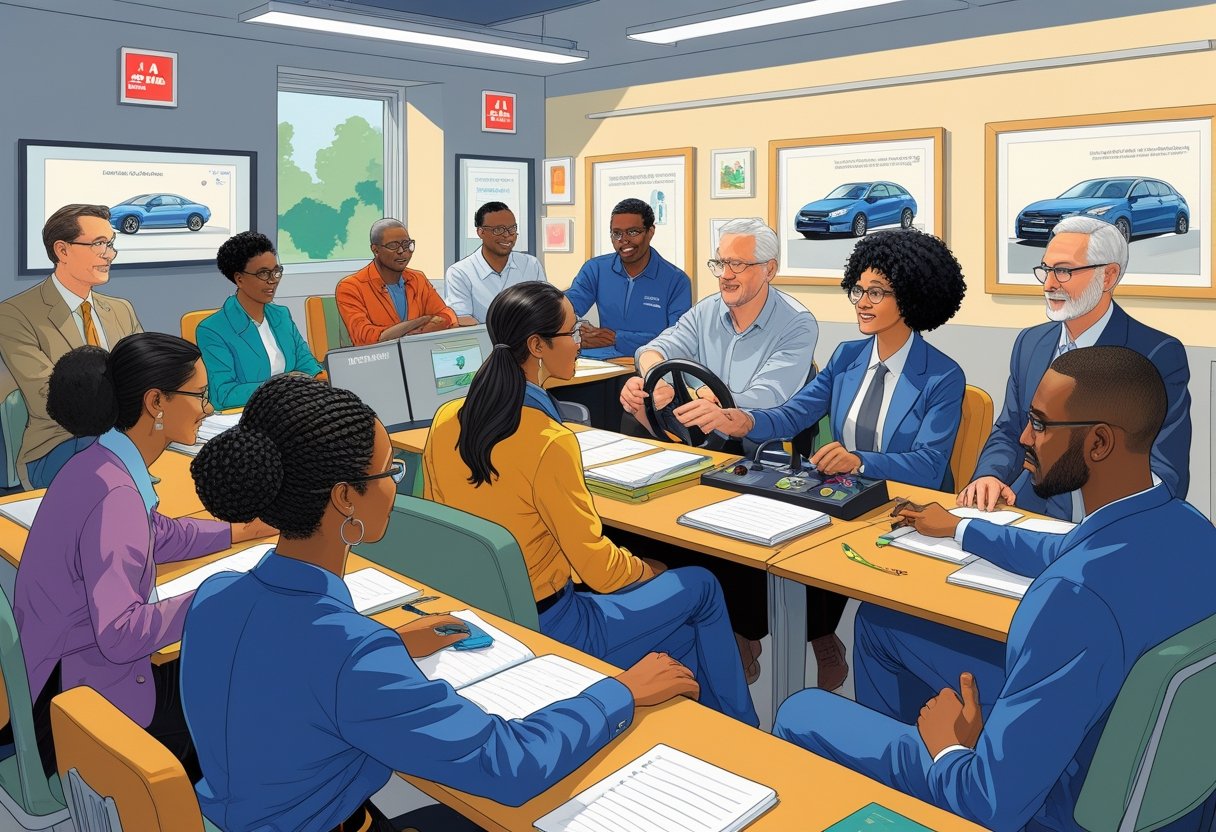 A group of museum curators attending a driving course with driving simulators and an instructor in a classroom.