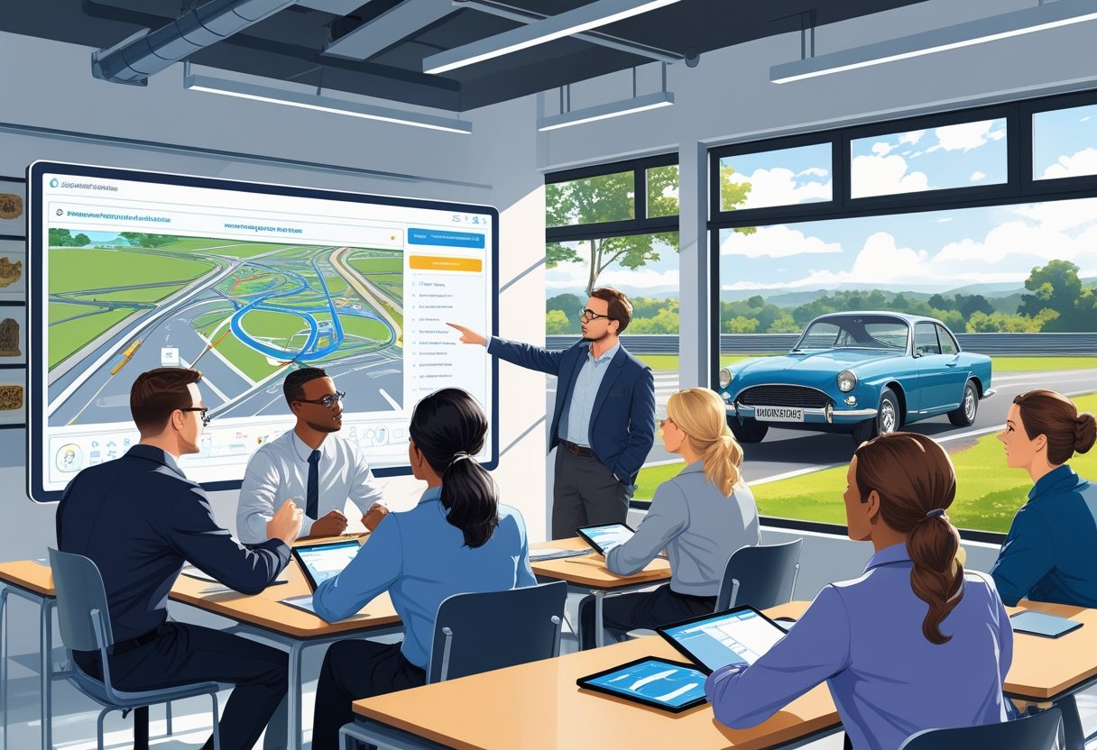 A group of museum curators in a classroom learning driving skills with a digital driving simulation and a vintage car outside.