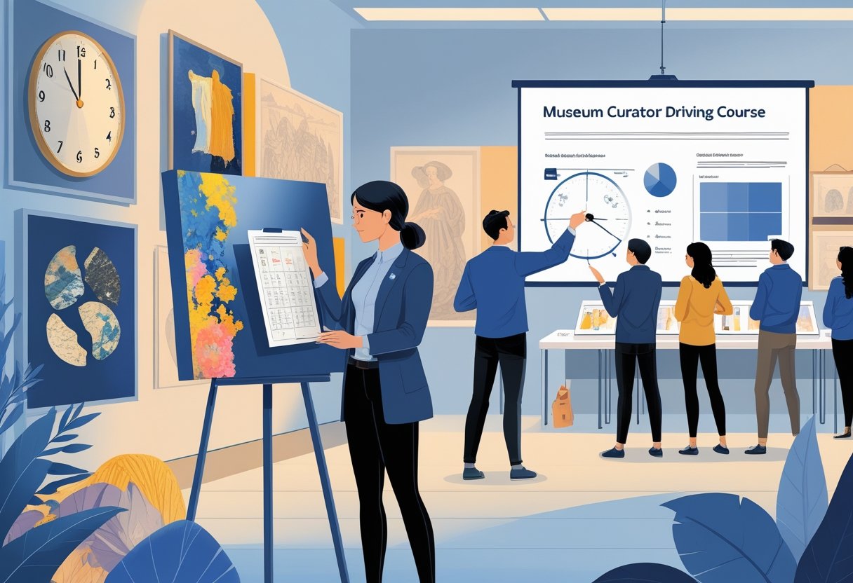 A museum curator examines a painting while holding a tablet, with visitors and museum artifacts around, and a training session happening in the background.