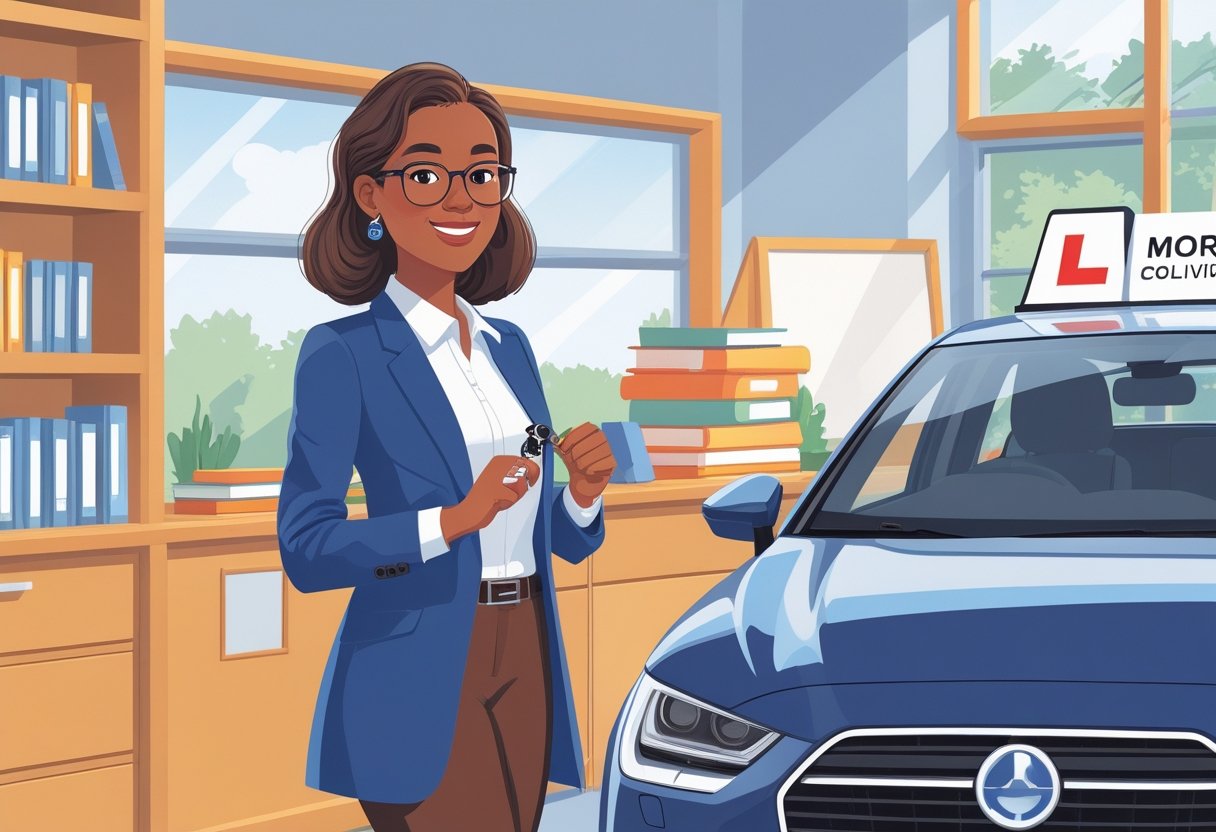 A librarian taking a driving lesson with an instructor beside a car, with bookshelves visible in the background.