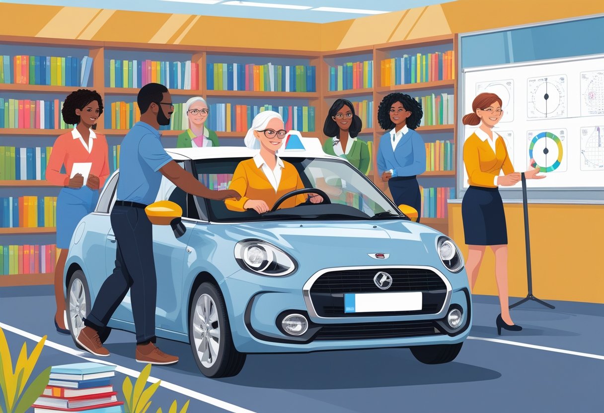 A group of librarians attending a driving lesson with an instructor in a car, set in a room with bookshelves and a classroom in the background.
