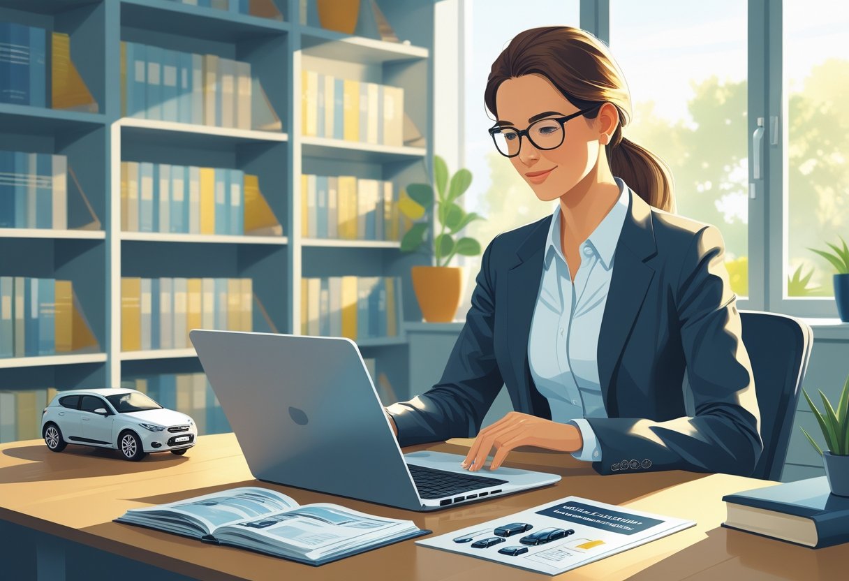 A librarian at a desk in a library using a laptop to book an intensive driving course, with bookshelves and a model car nearby.