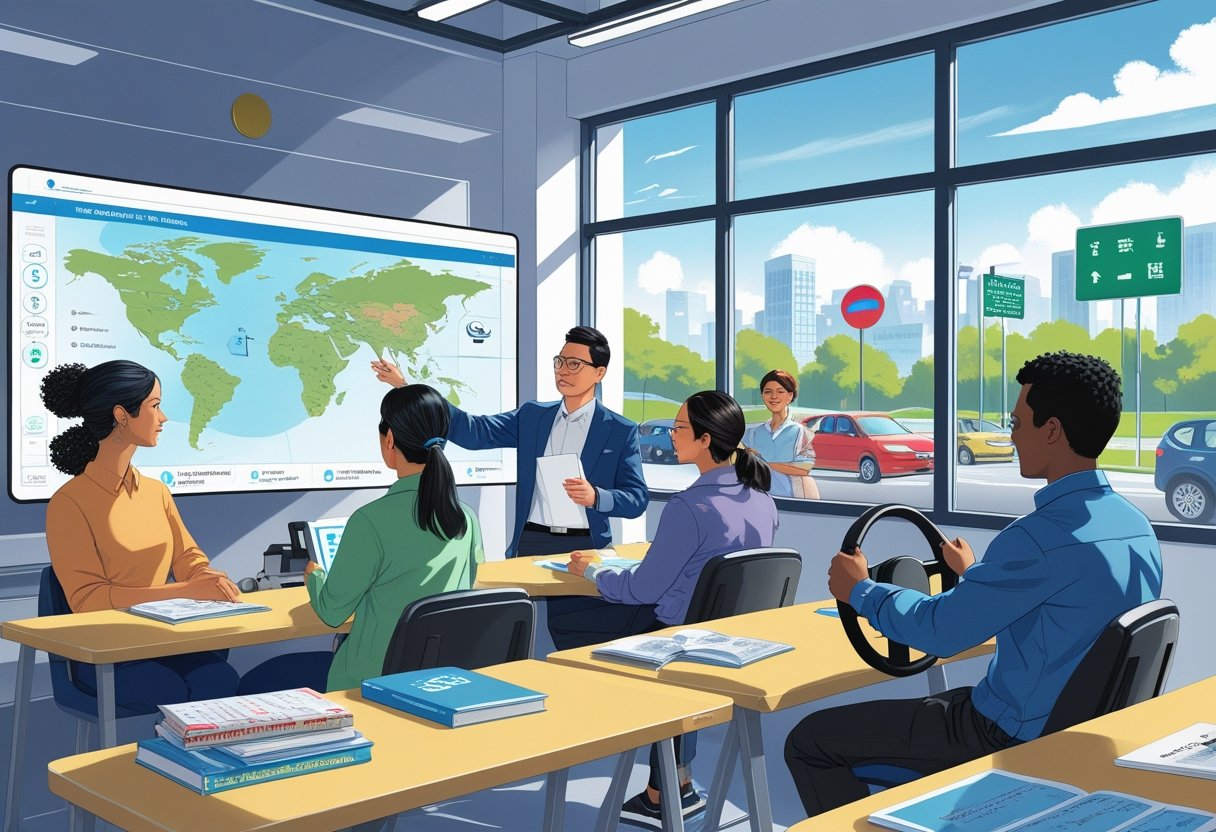 A group of people learning driving skills in a classroom with an instructor and a driving simulator, with a city view outside the window.