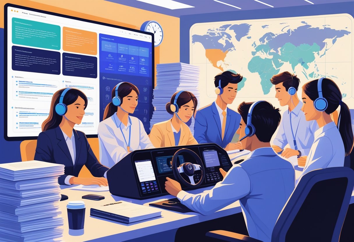 A group of translators working together in an office, with a mentor guiding one through a focused training session using a driving simulator, surrounded by translation tools and documents.