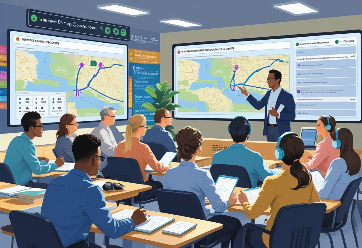A group of adult students in a classroom attentively learning from an instructor with maps and language symbols on a digital screen.