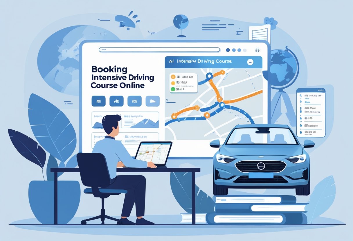A person booking an intensive driving course online with a driving instructor beside a car and a route map, surrounded by symbols representing translation.