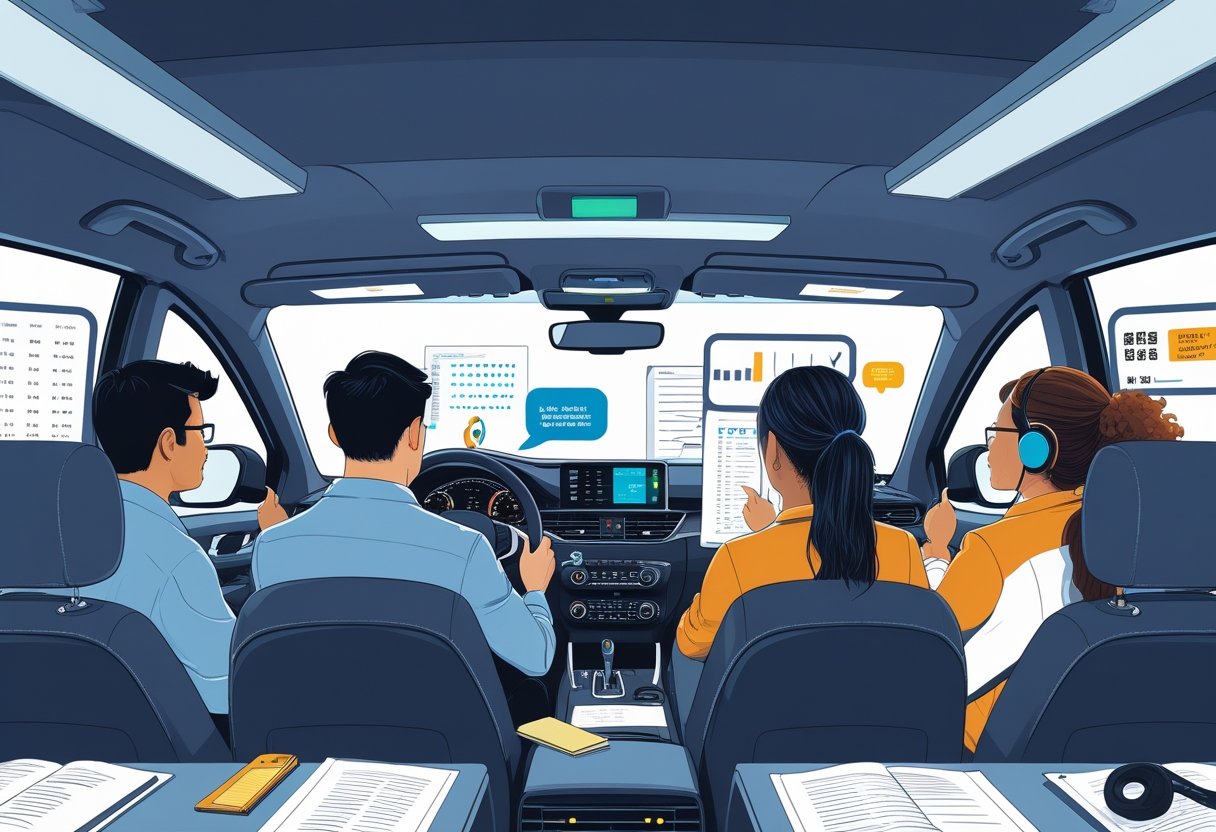 A group of adult learners in a car with an instructor during a driving lesson, surrounded by symbols of language and communication in a classroom setting.