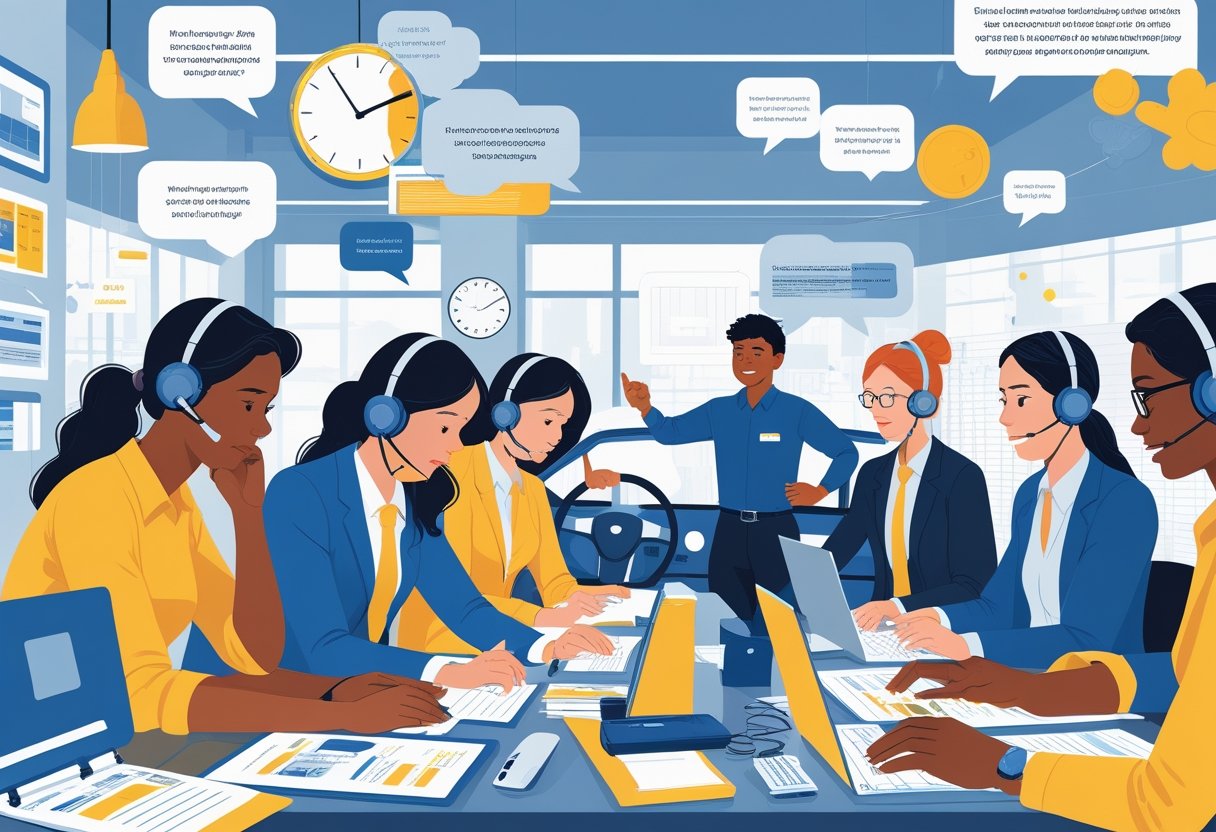 A group of interpreters in an office and a driving instructor teaching an interpreter to drive, showing support and training to overcome challenges.