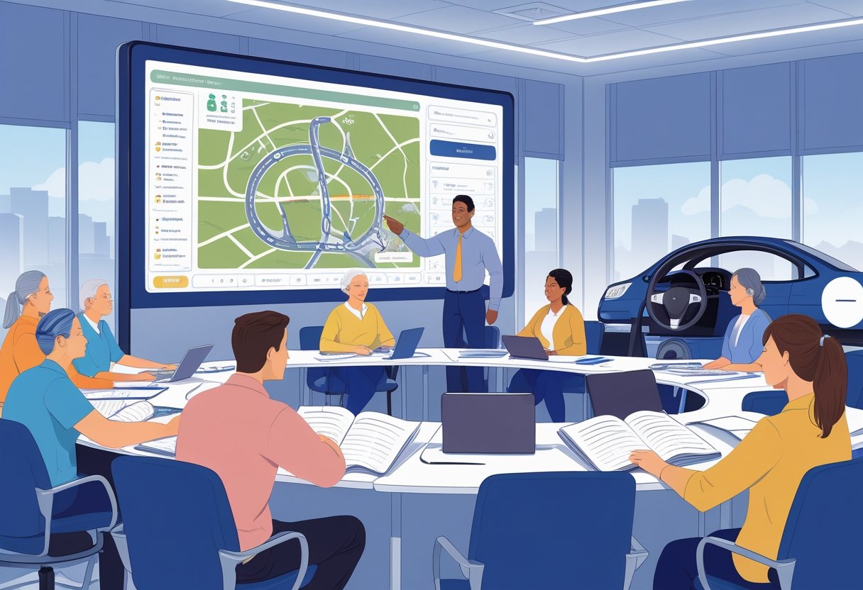 A group of adult learners in a classroom receiving driving training from an instructor, with a driving simulator in the background.