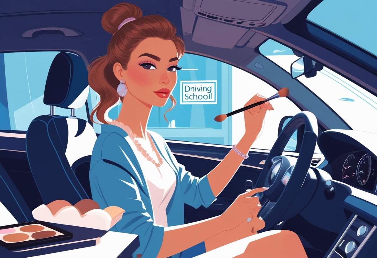 A makeup artist sitting in the driver's seat of a car, holding a makeup brush, preparing for a driving lesson.
