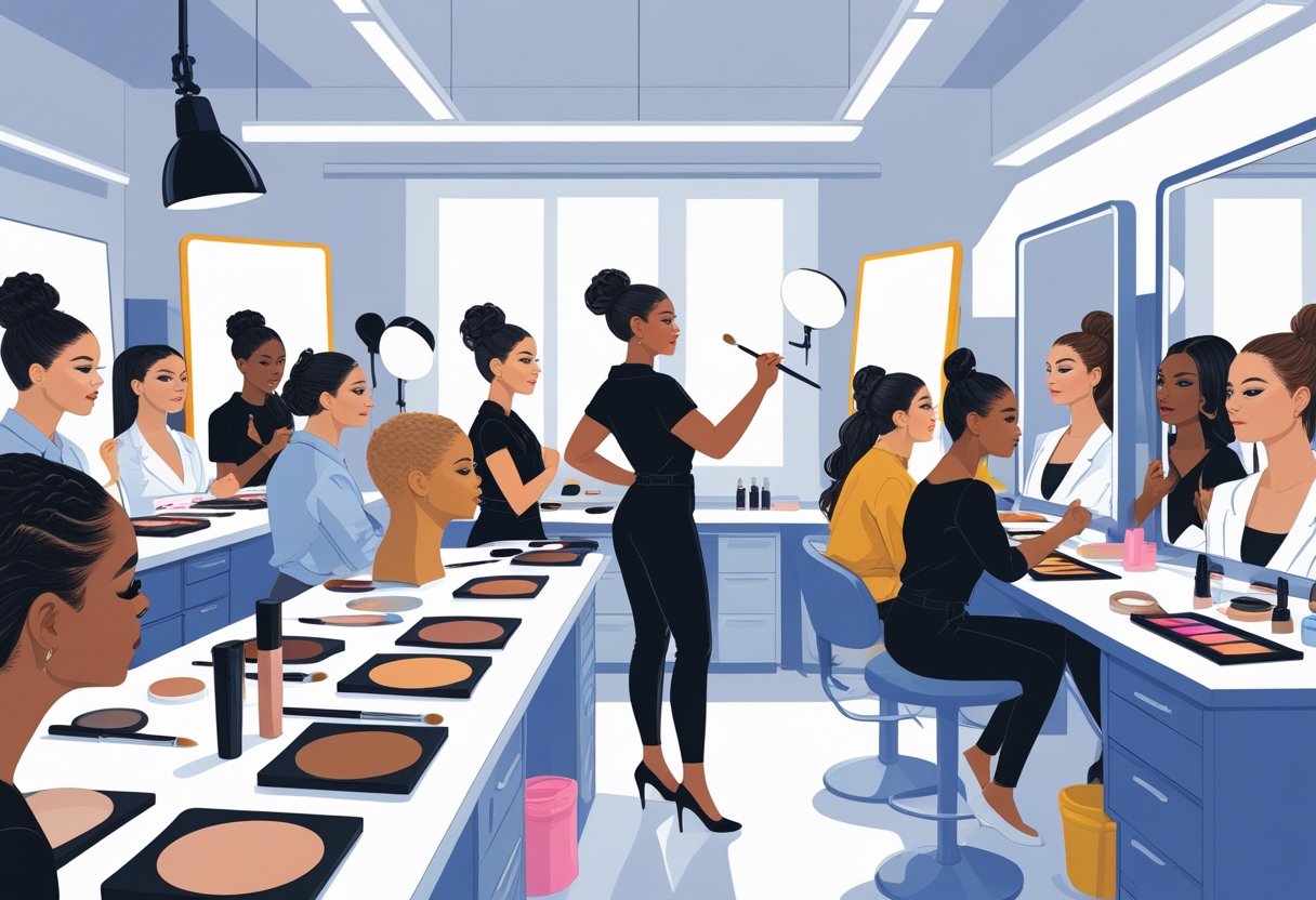 A group of makeup artists practising makeup application on models and mannequins in a bright classroom with an instructor demonstrating techniques.