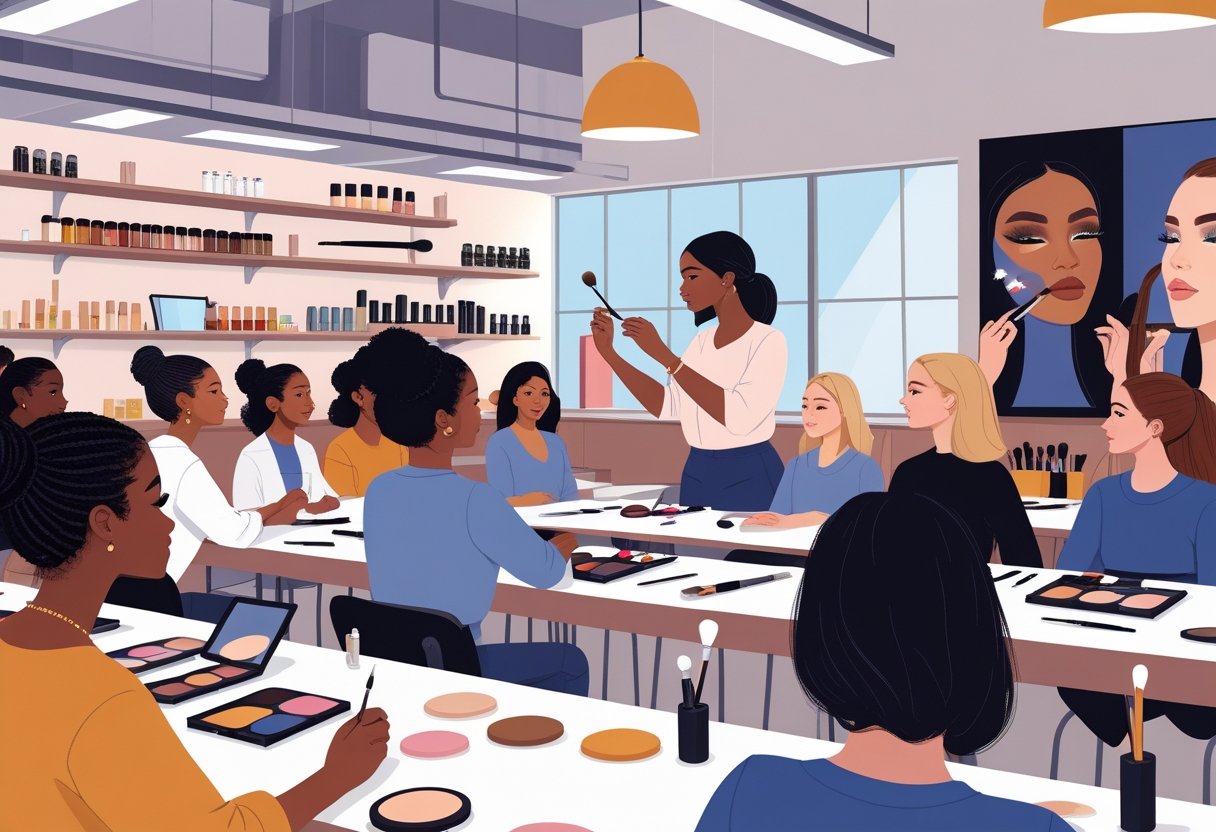 A group of students watching a makeup artist demonstrate techniques on a model in a bright classroom filled with makeup tools and products.