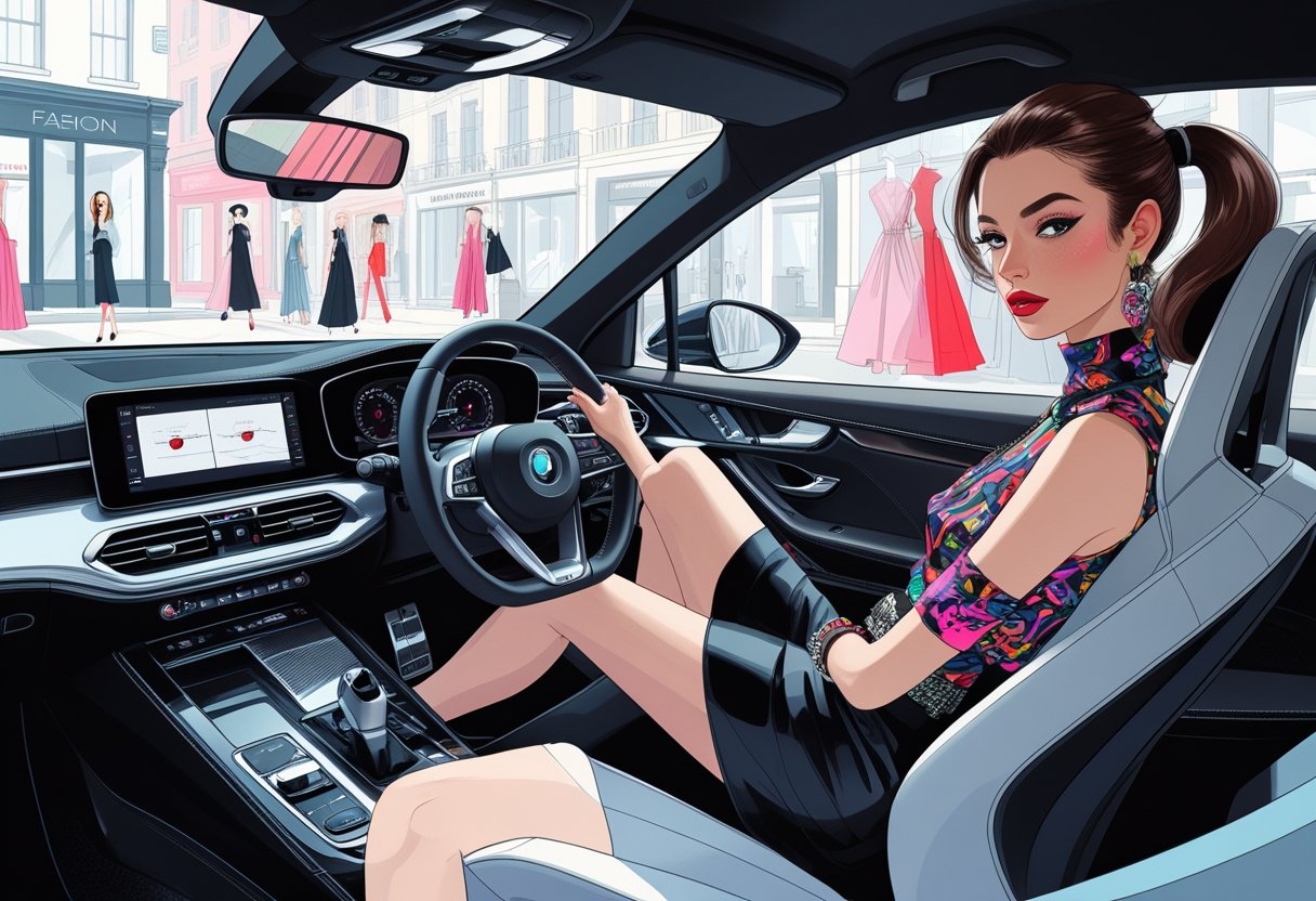 A young fashion designer sitting confidently in the driver's seat of a modern car with a cityscape of fashion boutiques visible through the windshield.