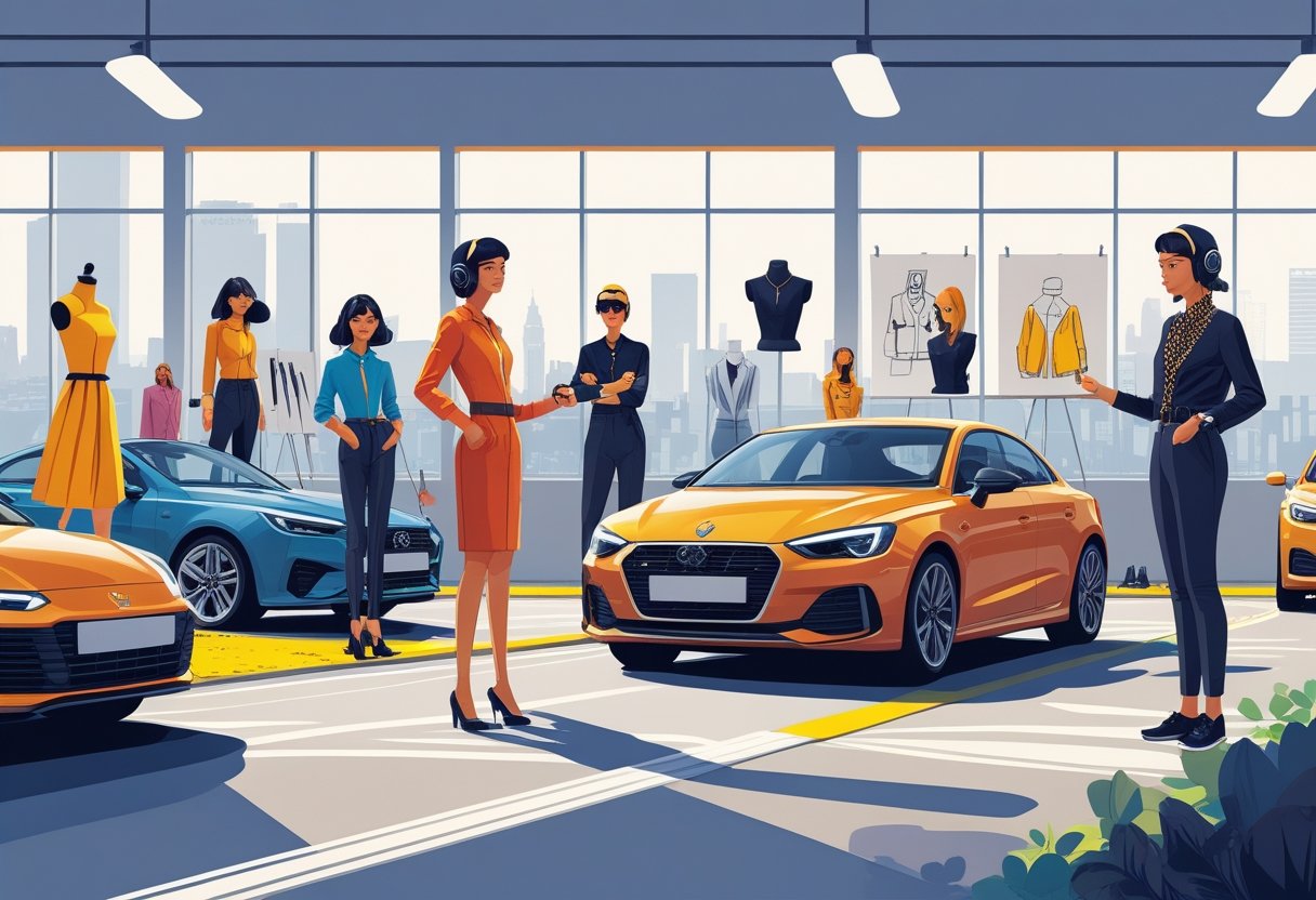 A group of fashion designers learning to drive in a modern driving school with cars and fashion elements around them.
